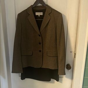 Jones New York Brown and black tweed suit with black dimpled skirt.